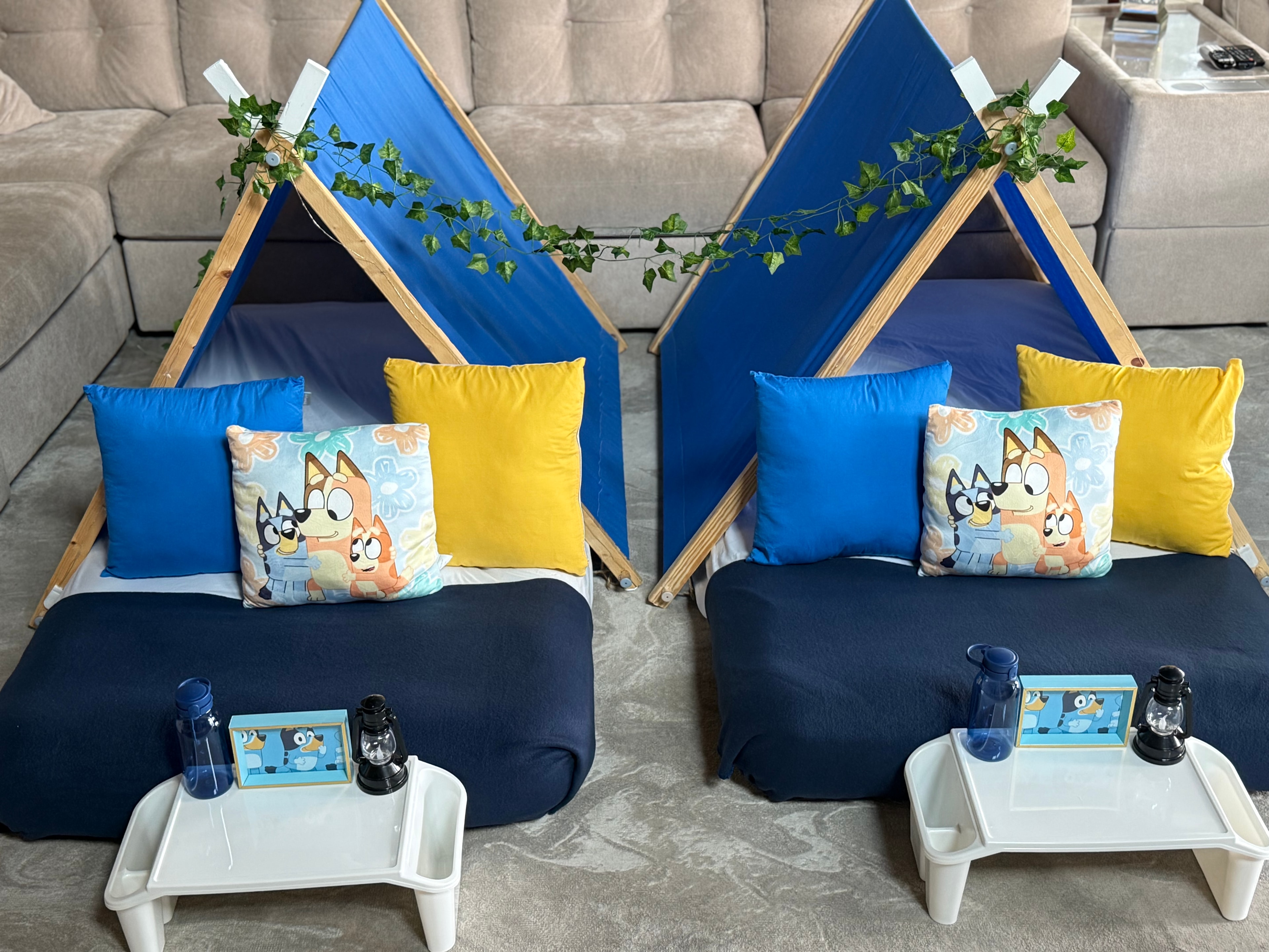 Children's blue tent bedroom setup